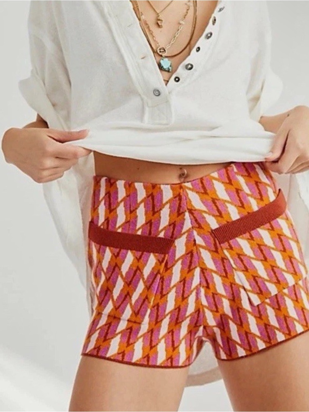 Free People Micro Sweater Shorts S Orange Geometric Boho Retro 70s